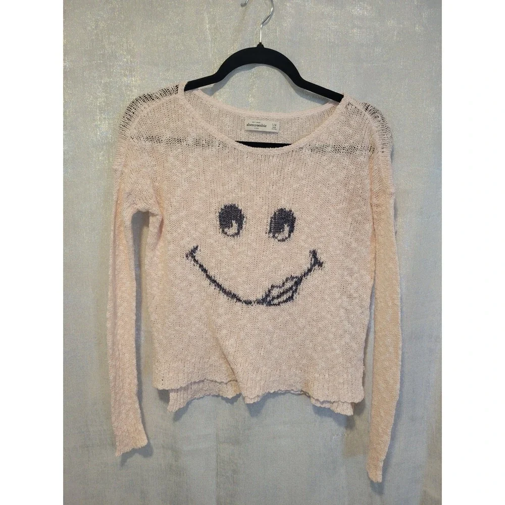 Abercrombie Kids S/M Pink Smiley Face Sweater Summer Cropped‎ Long Sleeve